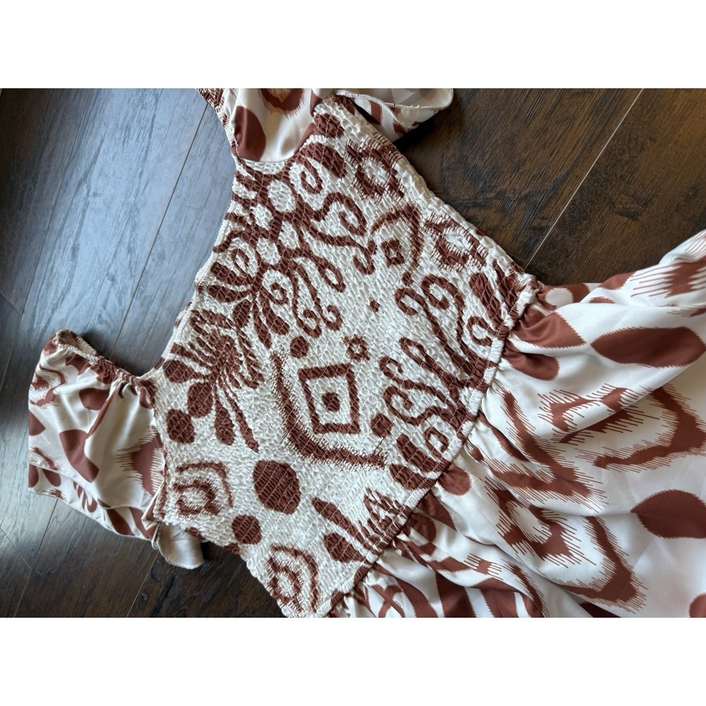 Womens Boho Smocked Midi Dress Puff Sleeve Tribal Print Flowy Summer Large Brown - Picture 8 of 8